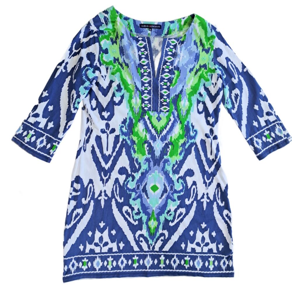 BARBARA ERICKSON 3/4 Sleeve Tunic Dress Size XL Capri Blue Ikat Coastal Resort - Picture 2 of 8